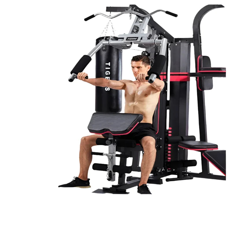 Multi-user home gym with various workout stations from 24 Hour Sport, featuring adjustable weights and resistance equipment.