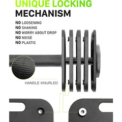 Anti Spier adjustable dumbbell set with multiple weight plates and handles, compact free weights for strength training.