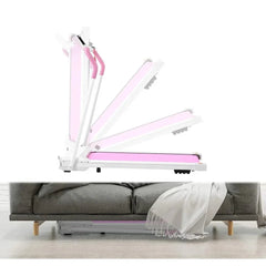 Foldable 220lb treadmill from 24 Hour Sport, compact design suitable for small spaces, with running belt and control panel.