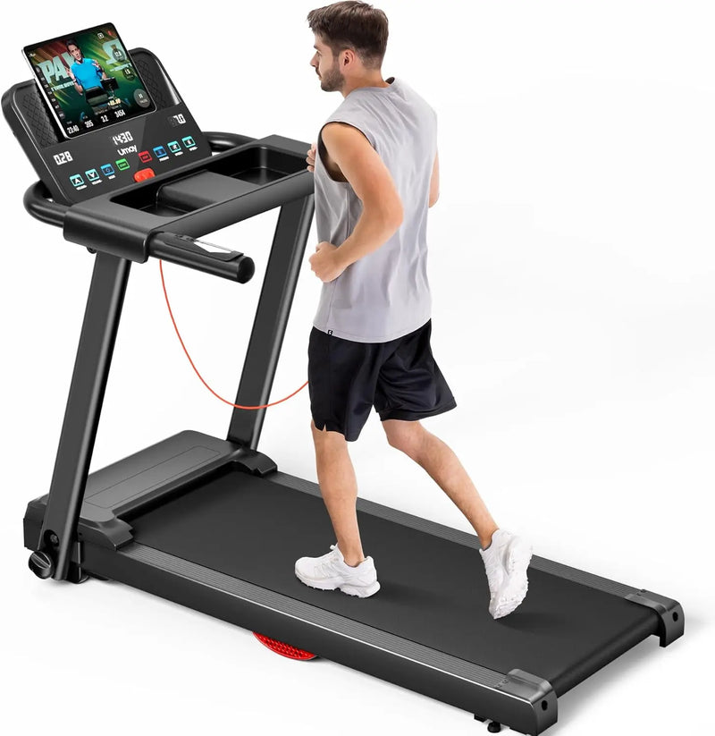 Foldable 24 Hour Sport treadmill with 3.0HP brushless motor and heart rate monitor, supports up to 300lbs for home use.