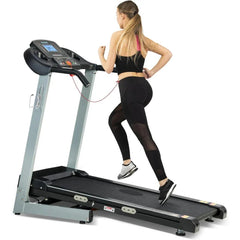 Foldable 24 Hour Sport treadmill with auto incline, rubber running surface, digital display, and safety rails for home workouts.