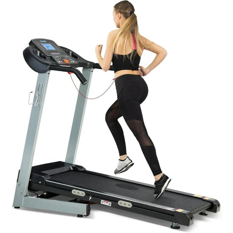 Foldable 24 Hour Sport treadmill with auto incline, rubber running surface, digital display, and safety rails for home workouts.