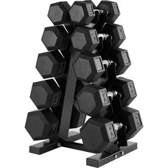 Pair of 24 Hour Sport premium rubber-encased hex dumbbells with a black metal rack for strength training and weightlifting.