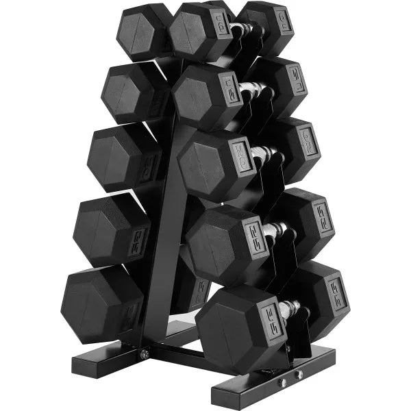 Pair of 24 Hour Sport premium rubber-encased hex dumbbells with a black metal rack for strength training and weightlifting.
