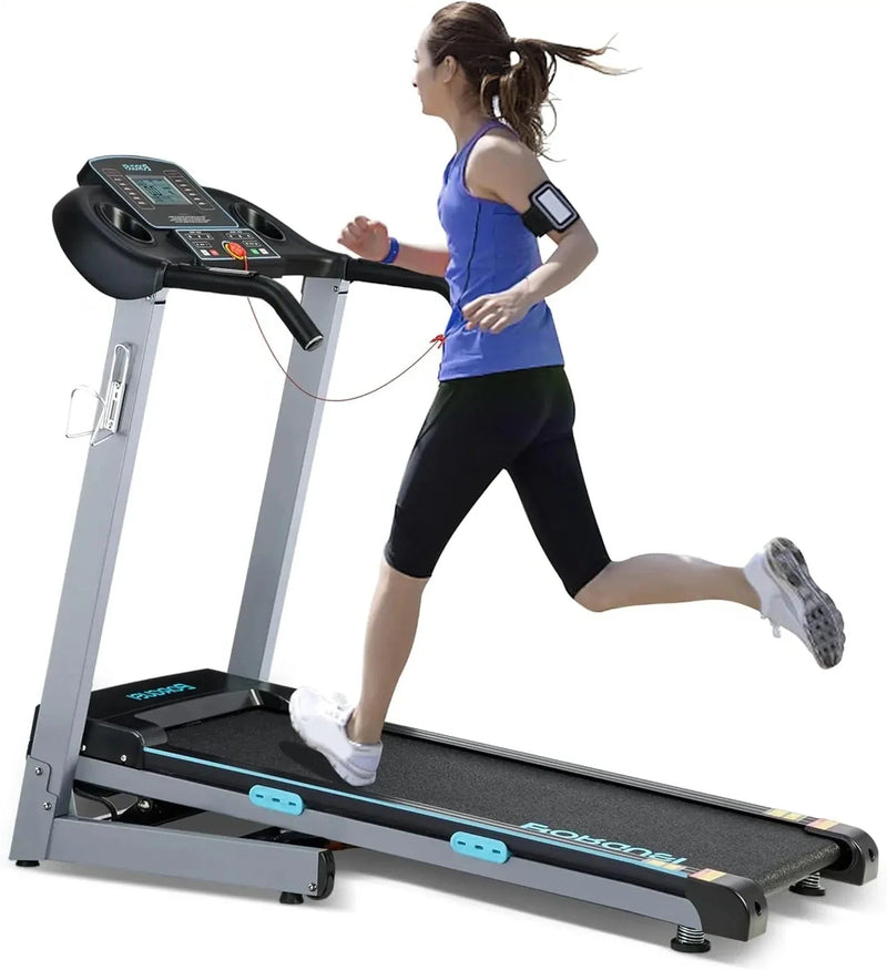 Folding electric treadmill by 24 Hour Sport with 300 lb. capacity, 3.0HP motor, and up to 8.5 MPH speed.