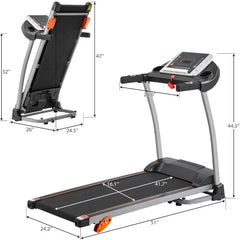 Space-saving 24 Hour Sport treadmill with pulse monitoring, featuring a compact design and digital display for home fitness.
