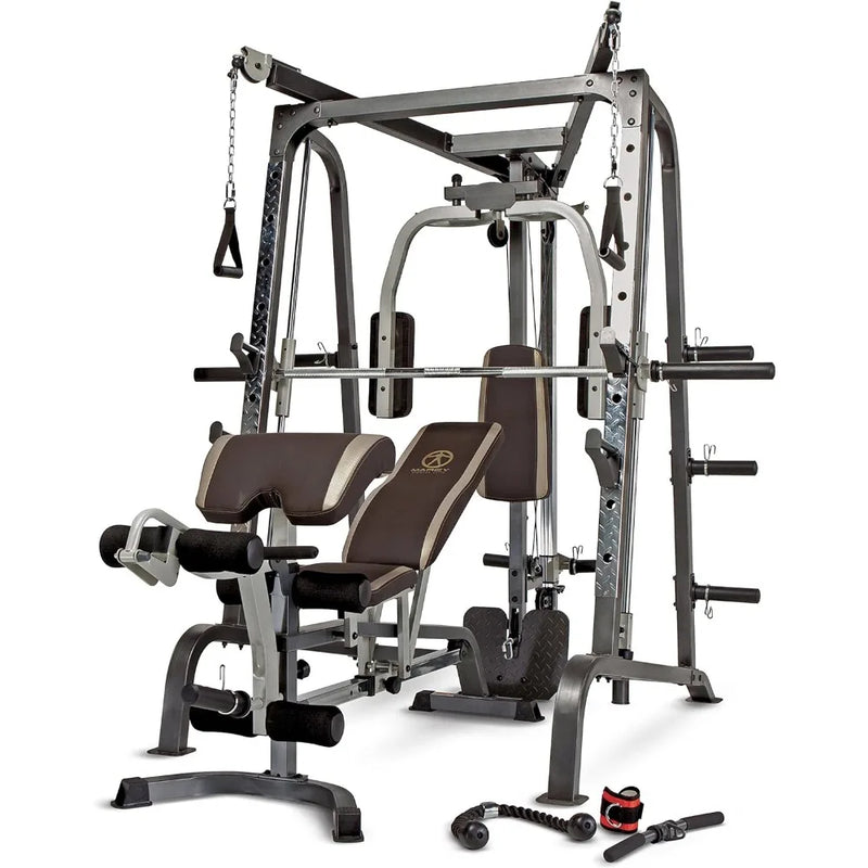 24 Hour Sport home gym rack with Smith cage and leg press, sturdy steel construction for weightlifting and strength training.