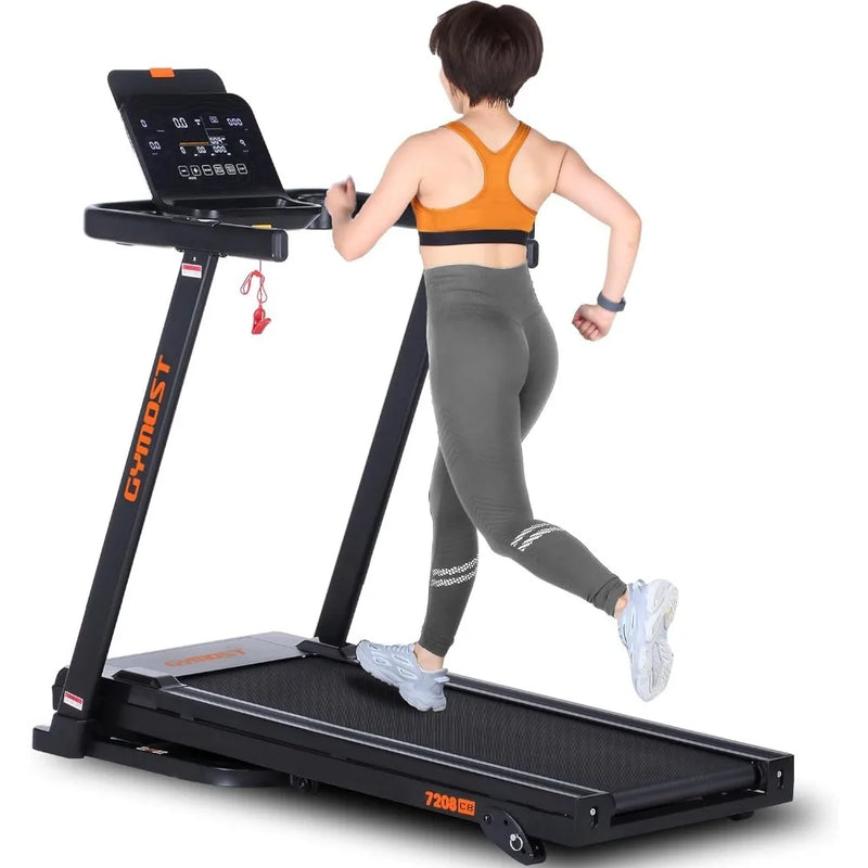 Foldable incline treadmill with LCD display from 24 Hour Sport, showing running surface and control panel for home workouts.