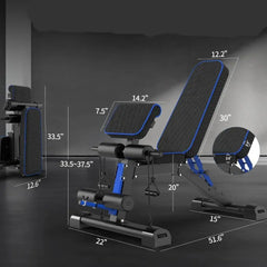 Adjustable foldable weight bench for home gym by 24 Hour Sport, showing padded seat and backrest in a modern workout setting.
