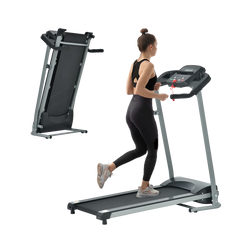 Foldable 24 Hour Sport treadmill with 15 workout programs and adjustable incline, featuring a compact design for home use.