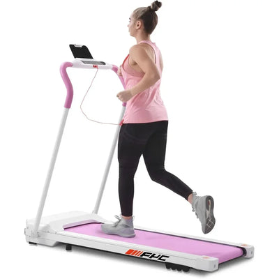 Foldable 220lb treadmill from 24 Hour Sport, compact design suitable for small spaces, with running surface and control panel visible.