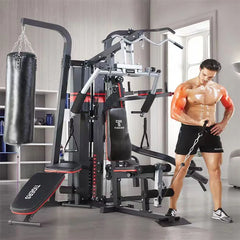 Multi-user home gym with various workout stations by 24 Hour Sport, featuring weight machines and exercise equipment for full-body workouts.