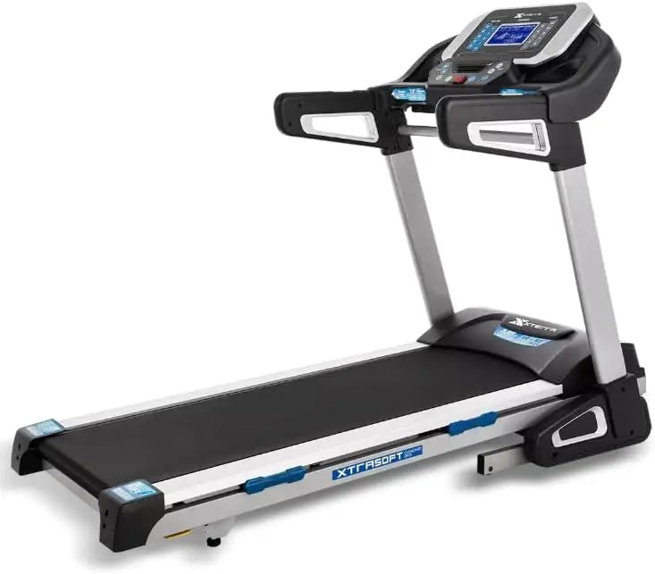 Folding Smart Treadmill with handlebar controls by 24 Hour Sport, featuring a digital display and adjustable running belt.