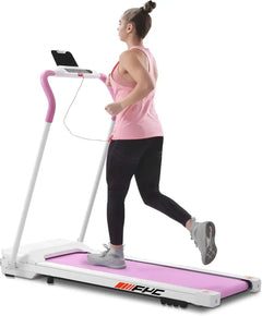 Foldable 220lb capacity treadmill by 24 Hour Sport, compact design ideal for small spaces with a sleek running surface.