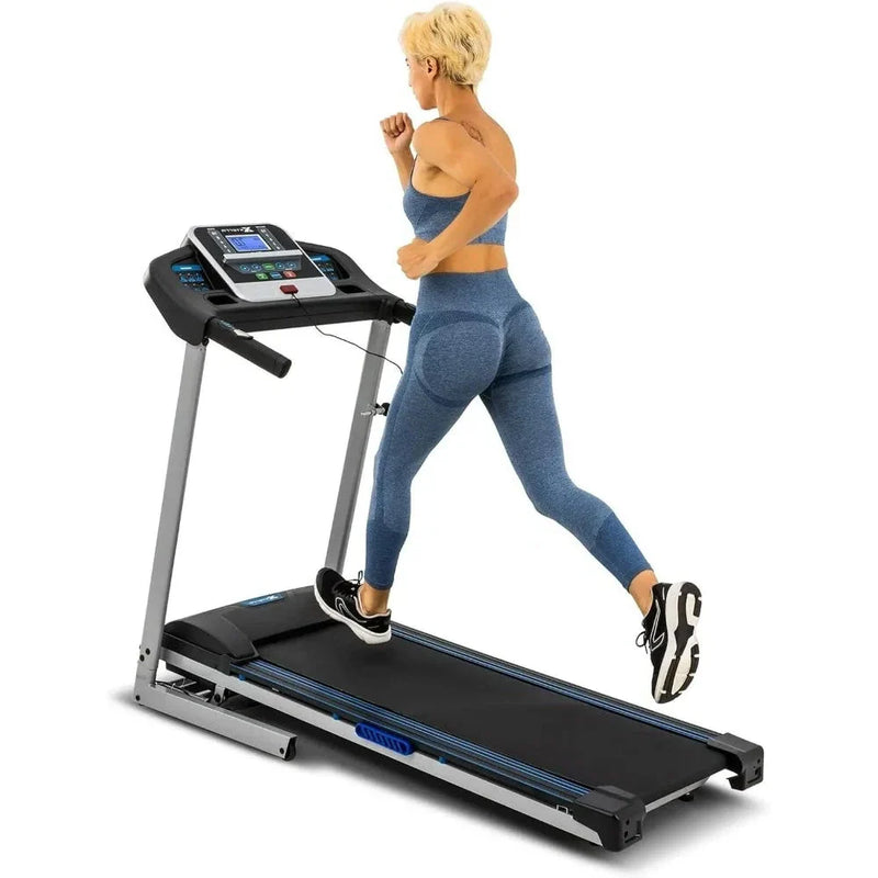Foldable 24 Hour Sport treadmill for home workouts, compact design with running belt and control panel visible.