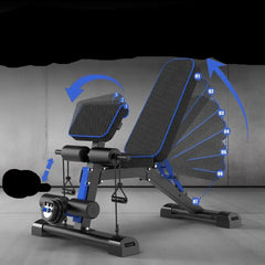Adjustable foldable weight bench for home gyms by 24 Hour Sport, featuring padded seat and sturdy metal frame.