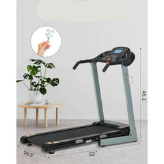 Folding treadmill with auto incline from 24 Hour Sport, featuring a digital display and compact design for home workouts.