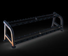 Muscle D Fitness sweet 2-tier dumbbell rack holding various black dumbbells in a gym setting