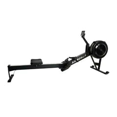 Full-body workout with 24 Hour Sport foldable water rowing machine, showcasing adjustable console and sleek design.