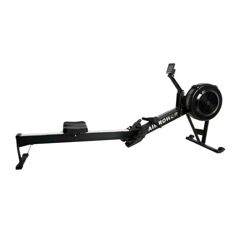 Full-body workout with 24 Hour Sport foldable water rowing machine, showcasing adjustable console and sleek design.