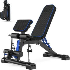 Adjustable foldable weight bench for home gym by 24 Hour Sport, showing padded seat and backrest with metal frame.