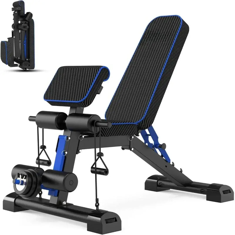 Adjustable foldable weight bench for home gym by 24 Hour Sport, showing padded seat and backrest with metal frame.