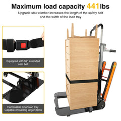 Anti Spier electric stair climber hand truck with aluminum frame, heavy-duty wheels, and a handle for moving furniture and logistics.