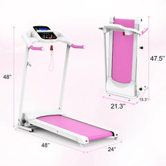 Foldable 24 Hour Sport treadmill with 15 workout programs and adjustable incline, showing the running belt and control panel.