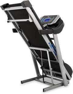 Foldable Smart Treadmill with handlebar controls by 24 Hour Sport, featuring a compact design and digital display for easy use.