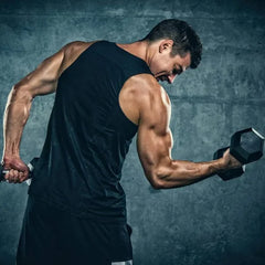 Set of premium rubber-encased hex dumbbells on a black rack by 24 Hour Sport, ideal for strength training and home workouts.