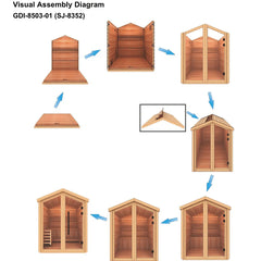 Golden Designs Kaarina 6-person outdoor cedar sauna with Harvia electric heater, featuring red cedar panels and glass door.