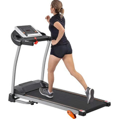 Space-saving treadmill with built-in pulse monitor from 24 Hour Sport, featuring a compact design and digital display.