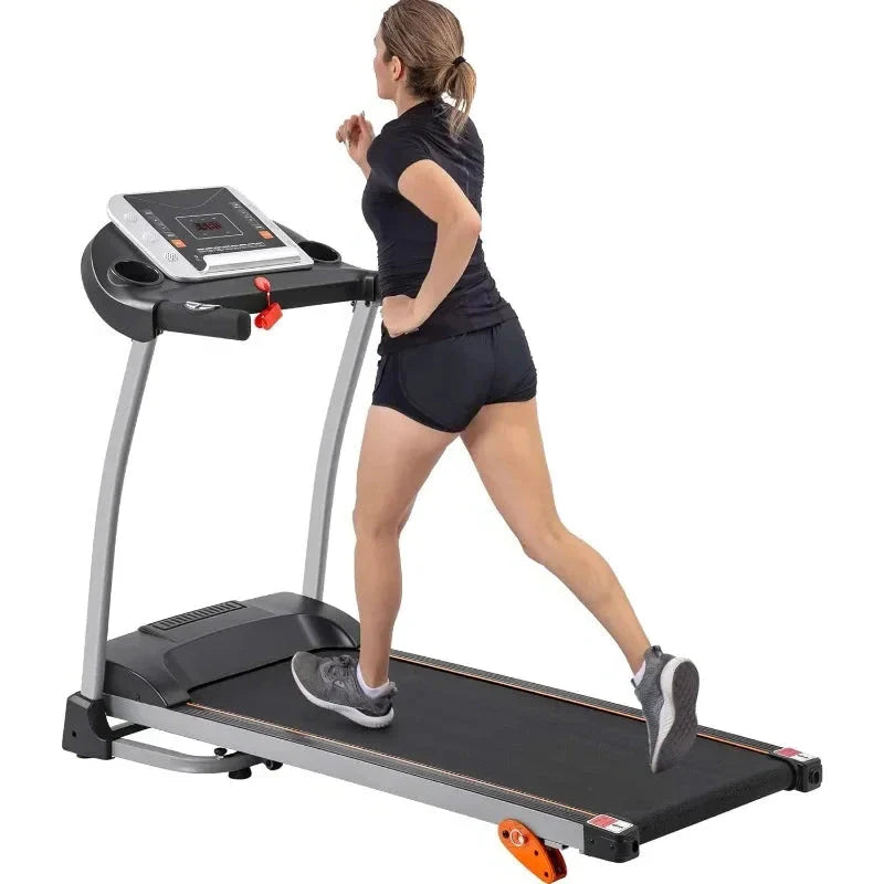 Space-saving treadmill with built-in pulse monitor from 24 Hour Sport, featuring a compact design and digital display.
