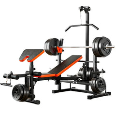 Multi-functional home gym bench by 24 Hour Sport with adjustable features and padded surface for strength training exercises.