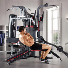 Multi-user home gym with various workout stations by 24 Hour Sport, featuring weightlifting and cardio equipment for full-body fitness.