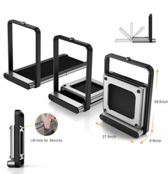 Portable folding treadmill by 24 Hour Sport for walking, running, or jogging anywhere, shown in a compact, foldable design.