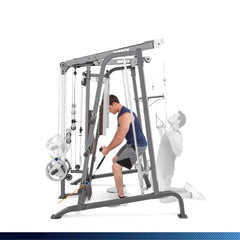 24 Hour Sport home gym rack and cage with Smith machine and leg press for strength training in a workout space.