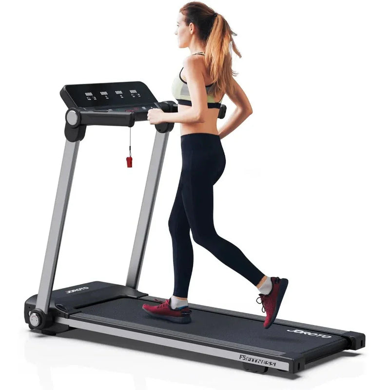 Foldable Anytime Fitness Max treadmill by 24 Hour Sport with digital display and sturdy frame, designed for home running workouts.