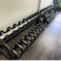 Muscle D Fitness Sweet Dumbbell Set 5-100 lb with black coated weights and adjustable handles, rack sold separately.