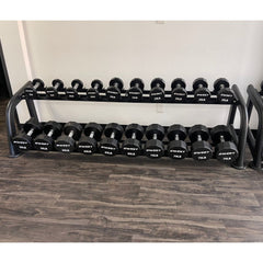 Muscle D Fitness Sweet Dumbbell Set 5-100 lb with rack, showing various weights and black handles for strength training.