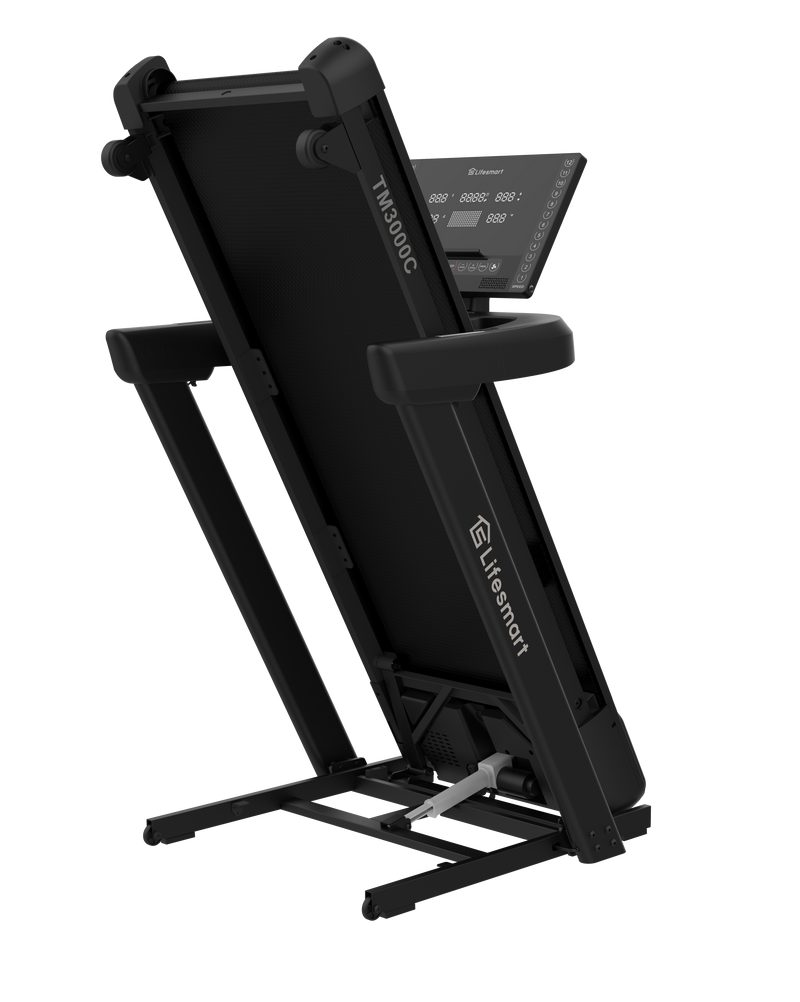 Lifesmart PowerTouch TM3000C treadmill with digital display, foldable design, and safety handrails for home fitness use.