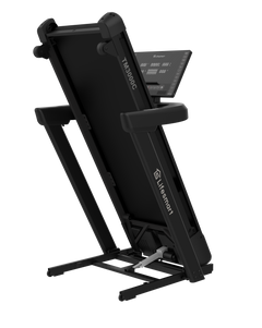 Lifesmart PowerTouch TM3000C treadmill with digital display and safety handrails, set on a gym floor.