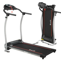 Black Trustymall electric treadmill for home gym exercise, featuring a running deck and digital display for fitness workouts.