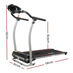 Black Trustymall Everfit treadmill for home gym exercise, showing the running belt and control panel.
