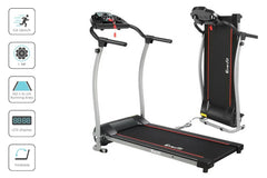 Trustymall electric treadmill for home gym, black exercise machine with running belt and control panel for fitness workouts.