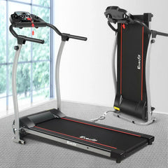Black Trustymall Everfit treadmill for home gym exercise, showing running belt and control panel