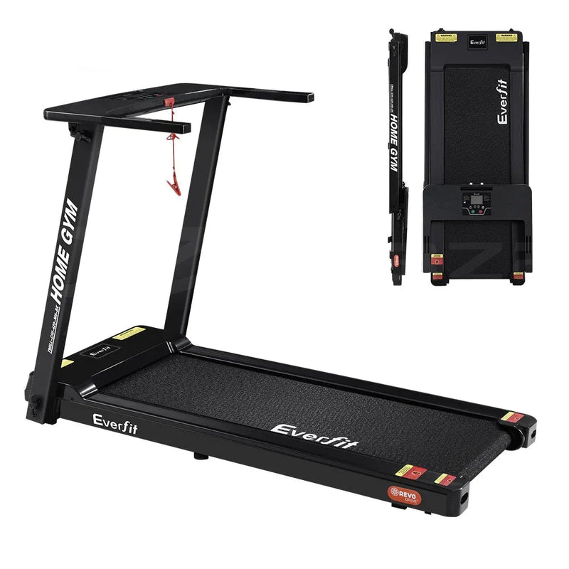 Black Trustymall Everfit electric treadmill for home gym exercise, featuring a sleek running surface and digital display.