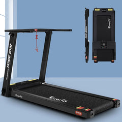Trustymall Everfit electric treadmill for home gym, black running machine with digital display and safety handrails.