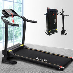 Trustymall Everfit electric treadmill for home gym, showing running belt and control panel on a sleek fitness machine.