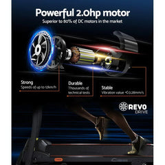 Black Trustymall Everfit electric treadmill with incline feature, home gym exercise machine, shown from the side.